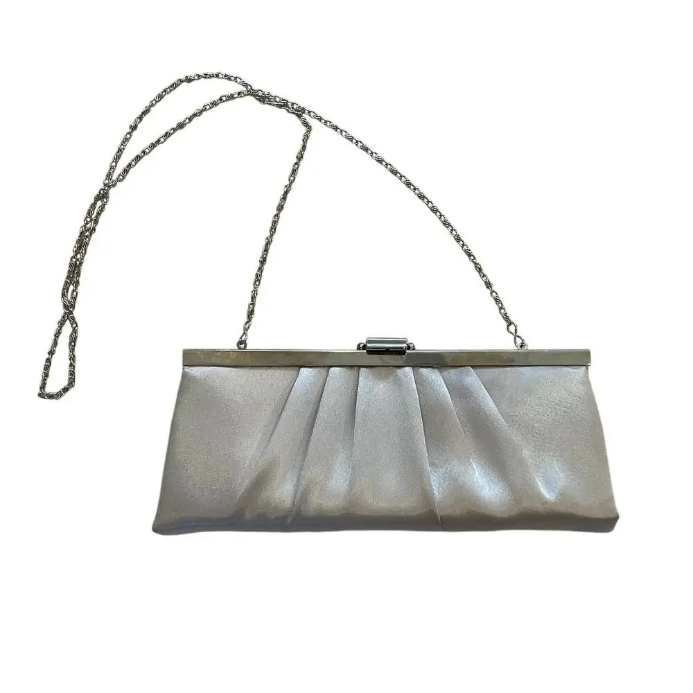 Jessica McClintock Silver Satin Clutch, Evening Clutch, Drop Chain, Clasp